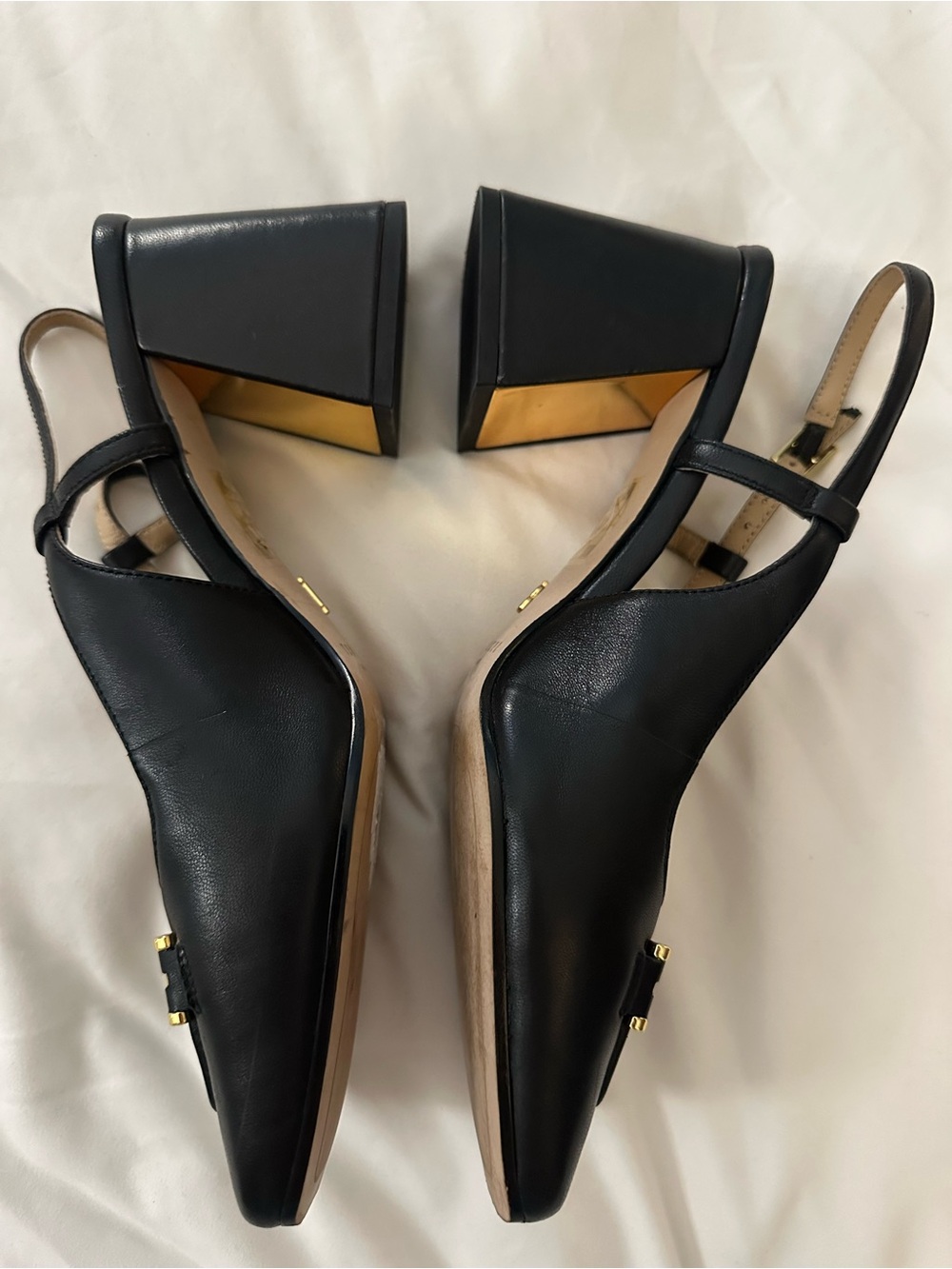 Ted Baker London Black Leather Slingback Block Heels with Gold Accent - Picture 5 of 9